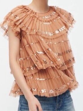 J.Crew Tiered Sequin Pleated Cap-Sleeve Top in Peach NWT